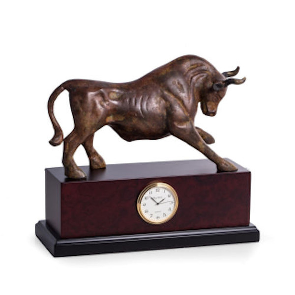 Brass Bull Clock Sculpture On Wood Base Stock Market Gift Artwork